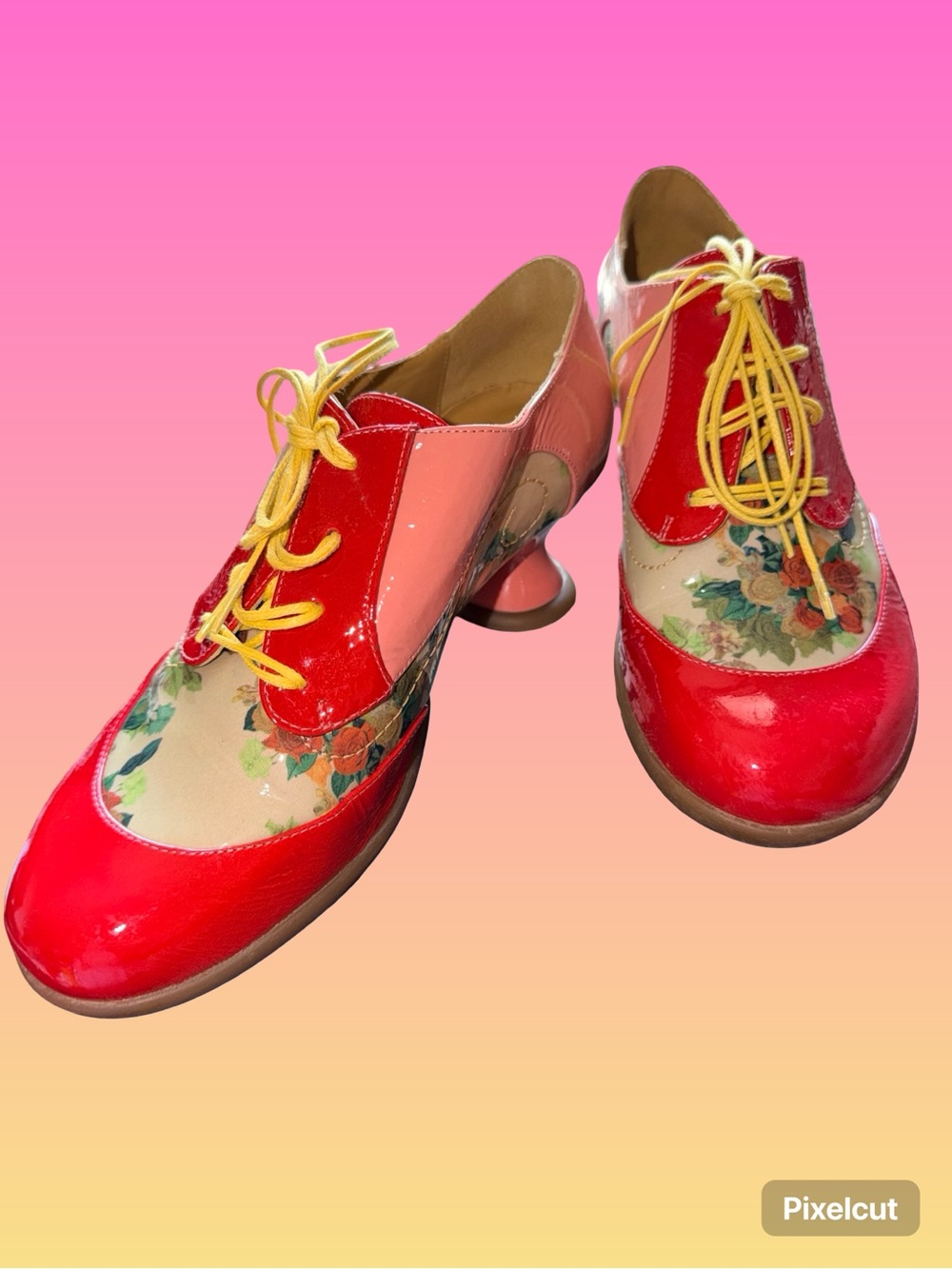 John Fluevog ENNEAGRAM Red cream Pink Floral Patent yellow Lace-Up Heels 8.5
